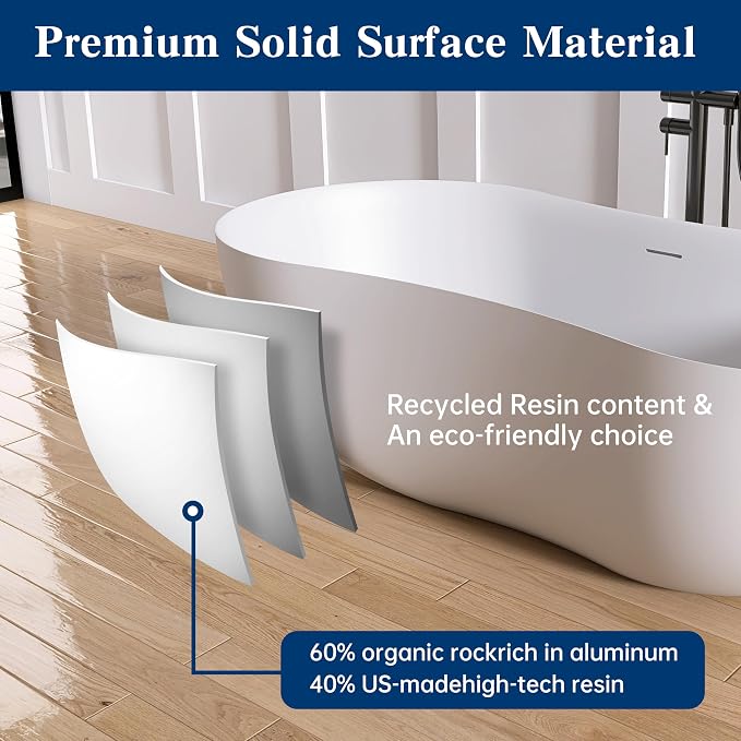 67 Inch Stone Resin Freestanding Bathtub, Contemporary Peanut Oval Stand Alone - Image 6