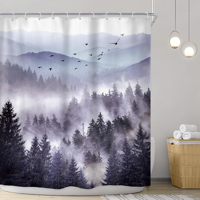 Riyidecor Purple Mountain Shower Curtain 72Wx84H Inch Extra Long Woodland - Image 2