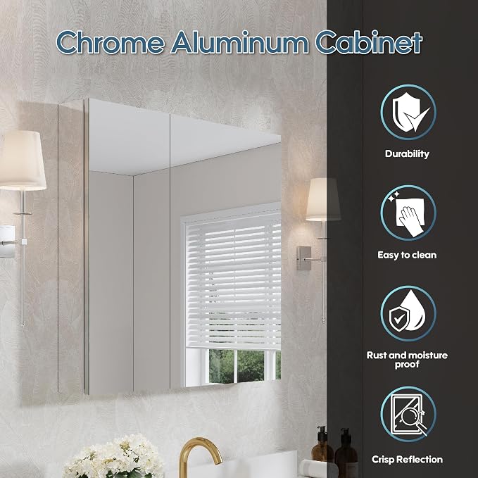 WELLFOR 32" x 30" Rectangle Medicine Cabinet Mirror, Surface Mount or Recessed - Image 3