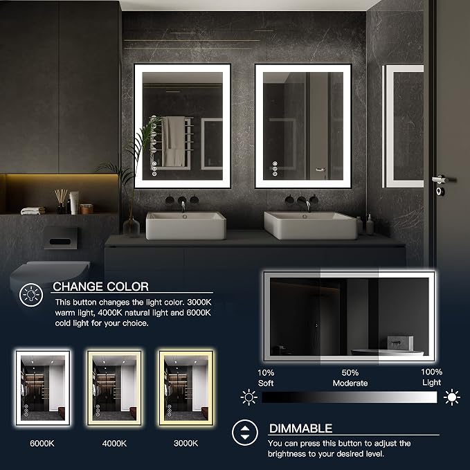 ISKM Framed LED Mirror for Bathroom 60"x28", Dimmable LED Bathroom Mirror - Image 4