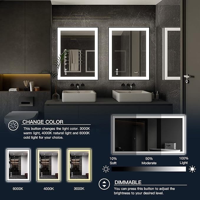 ISKM Framed LED Mirror for Bathroom 36"x32", Dimmable LED Bathroom Mirror - Image 3