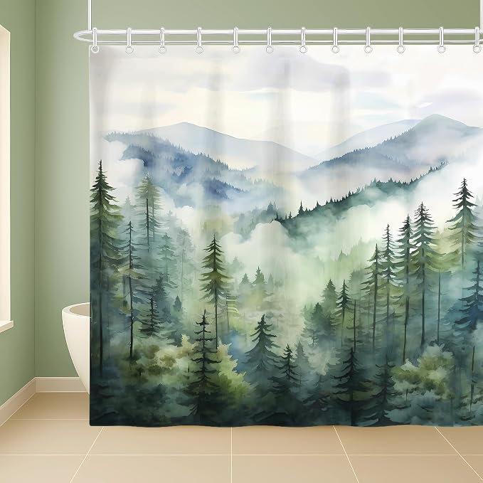 Coveted Goods 72" x 84" Mountain Forest Shower Curtain, Misty Pine Tree - Image 2