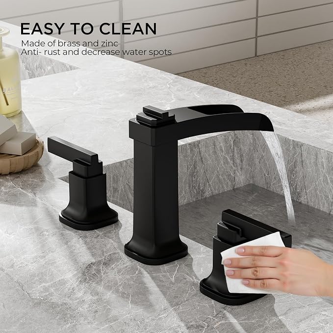 FORIOUS Brass Matte Black Commercial Bathroom Faucets 3 Hole, Waterfall Modern - Image 7