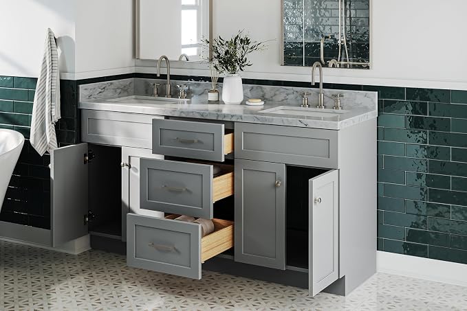 ARIEL Hamlet 67" Grey Double Bathroom Vanity, 1.5" Edge Italian Carrara Marble - Image 3
