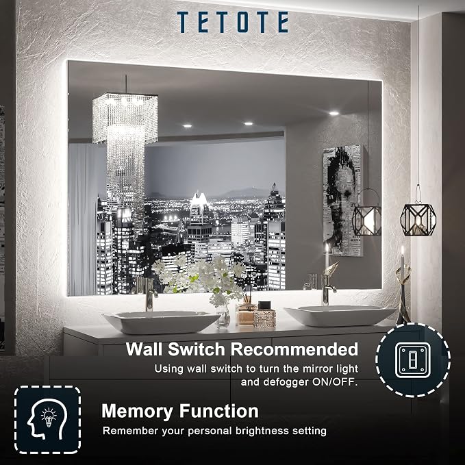 TETOTE 48 x 30 Inch LED Mirror Backlit Bathroom, Anti-Fog Mirror - Image 5