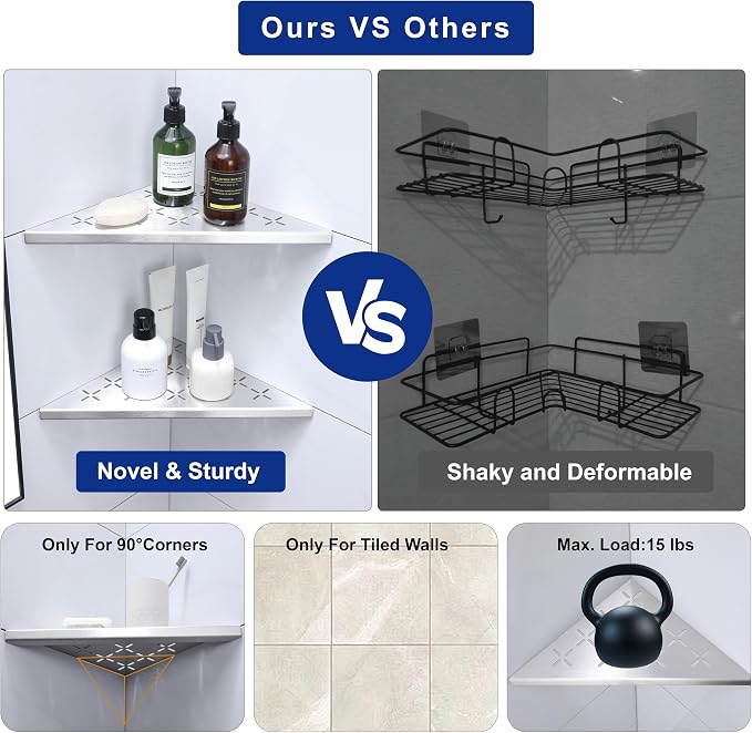 12" Corner Shower Shelf, Recessed Corner Shelf Organizer Rack, No Drilling - Image 5