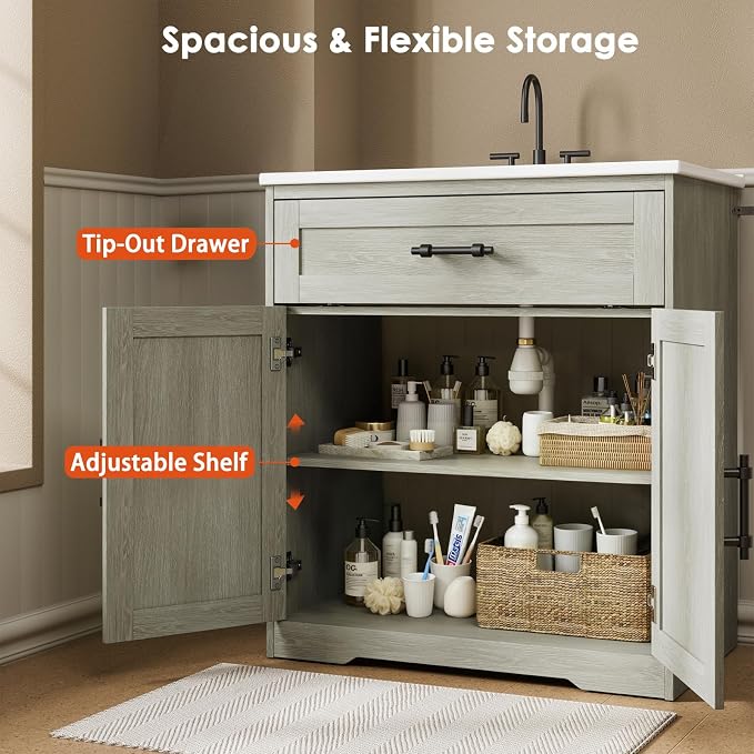 Amada 30″ Bathroom Vanity with Ceramic Sink, Farmhouse Undermount Vanity Sink - Image 4