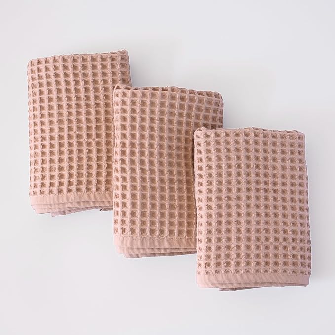 PÜSKÜL Waffle Kitchen & Hand Towel Organic 100% Turkish Cotton Set of 3 Beige - Image 3