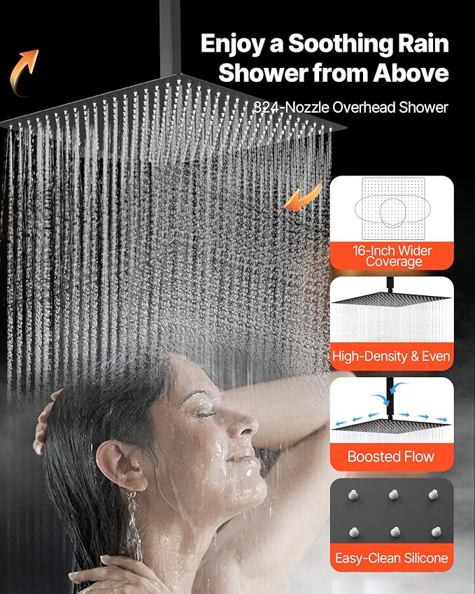 VEVOR Shower Faucet Set, 16 Inch Thermostatic Ceiling Mount Rainfall Shower - Image 5