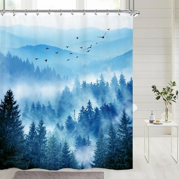 Riyidecor Mountain Shower Curtain 60Wx72H Inch Blue Foggy Nature Scenery Smokey - Image 2