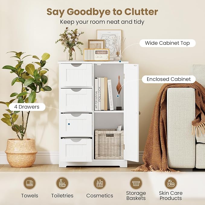 Giantex Storage Cabinet with 4 Drawers, Bathroom Storage Organizer with Cupboard - Image 4