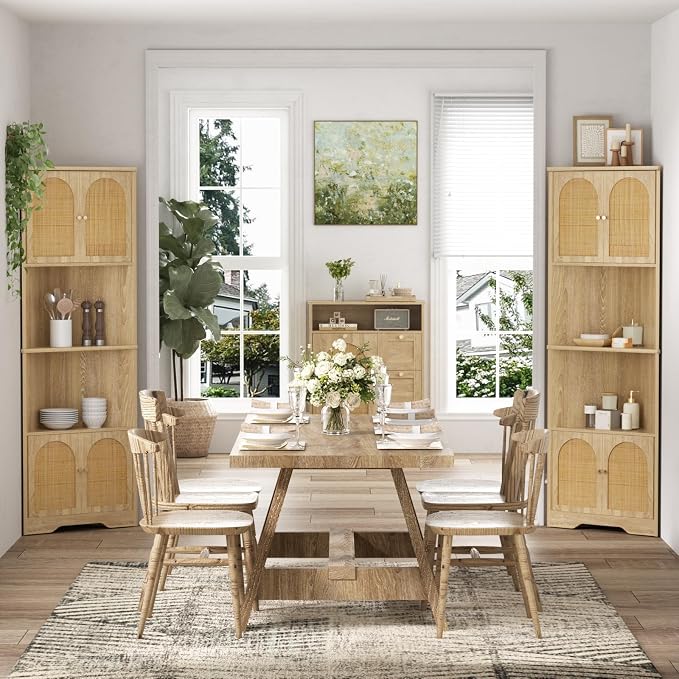 67''H Tall Corner Cabinet with Handmade Rattan Door, Rattan Storage Cabinet - Image 9