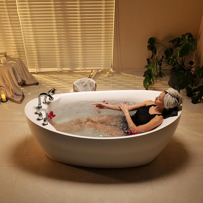 67 in. Acrylic Freestanding Bath Tub Hydromassage Gracefully Oval Shaped 7 - Image 7