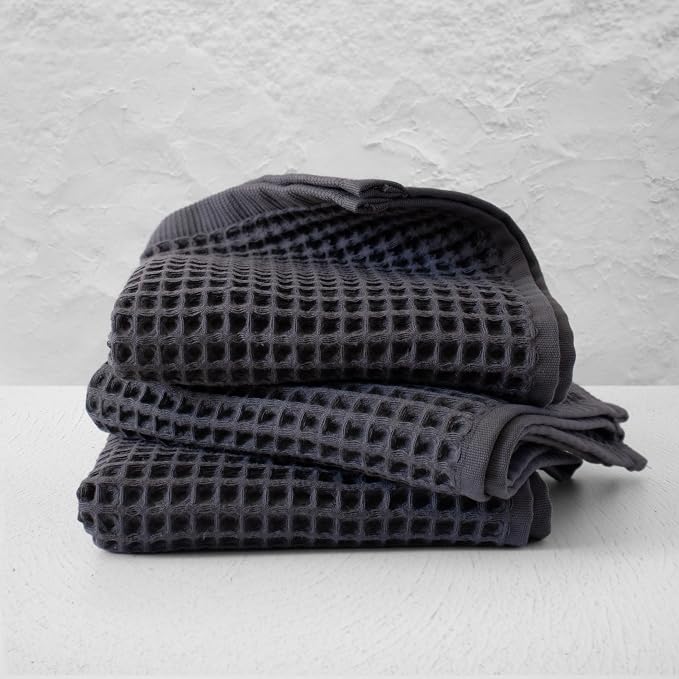 PÜSKÜL Organic Waffle Kitchen Towel 100% Turkish Cotton Set of 3 Dark Gray - Image 7
