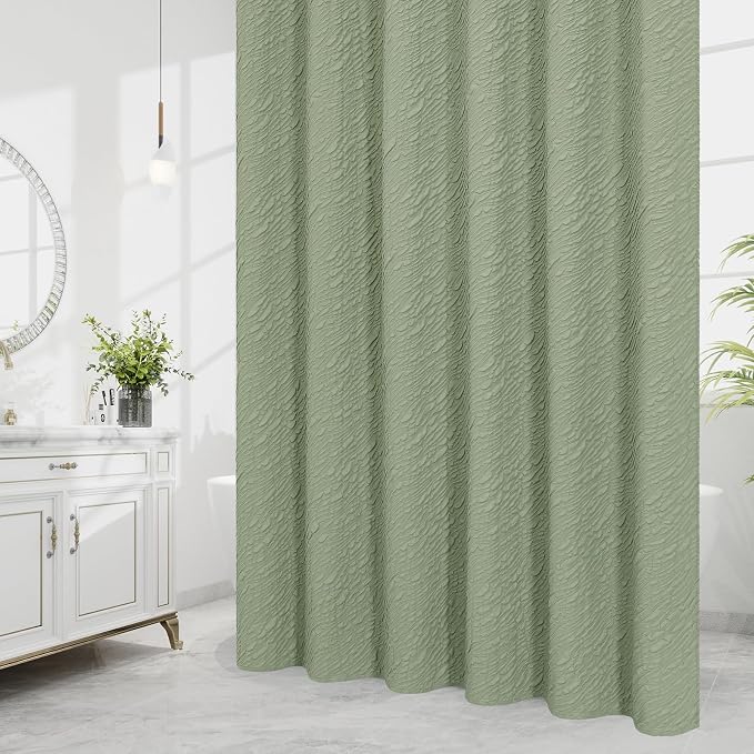 MitoVilla Sage Green Shower Curtain, Farmhouse Waves Fabric Shower Curtains - Image 2