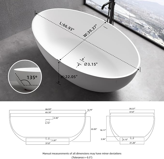 67'' Freestanding Soaking Bathtub Stone Resin Deep Bathtub Modern Bathtub Deep - Image 2