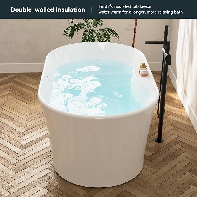 FerdY Santorini 58" Acrylic Freestanding Tub, Gracefully Shaped Contemporary - Image 2
