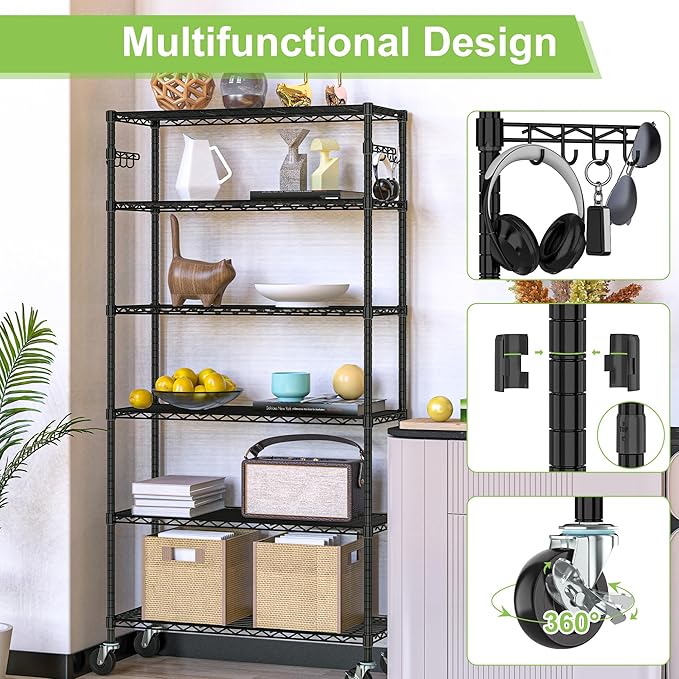 6 Tier Storage Shelves with Wheels Heavy Duty Wire Rolling Shelving Rack - Image 4