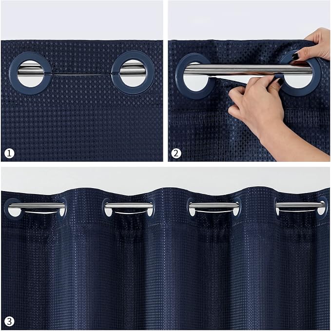 MitoVilla No Hooks Required Navy Blue Waffle Shower Curtain Liner Set, Modern - Image 4