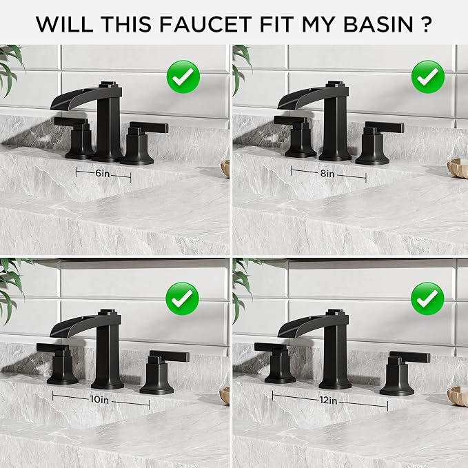 FORIOUS Brass Matte Black Commercial Bathroom Faucets 3 Hole, Waterfall Modern - Image 8