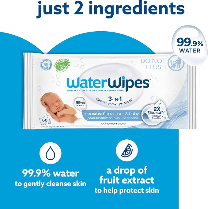 WaterWipes Sensitive+ Newborn & Baby Wipes, 3-In-1 Cleans, 99.9% Water - Image 3