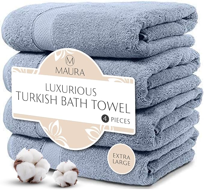 MAURA Light Blue Extra Large Turkish Cotton Luxury Bath Towels Set of 4. by MAURA