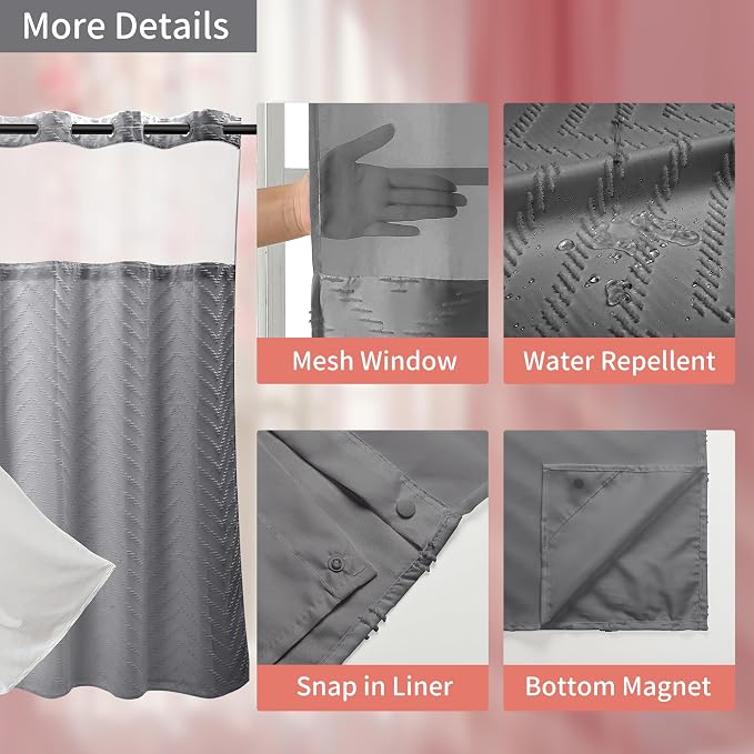 Hookless Shower Curtain with Snap in Liner 71" x 74" Double-Layer Waterproof - Image 3