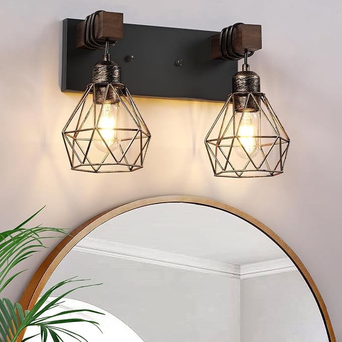 Farmhouse Vanity Light for Bathroom, 2-Light Black Gold Wood Bathroom Vanity by LIGHTUPYOURLIFE