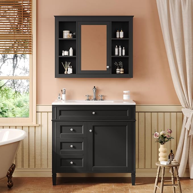36" Bathroom Vanity with Matching Medicine Cabinet, Modern Sink Storage Cabinet by Virubi