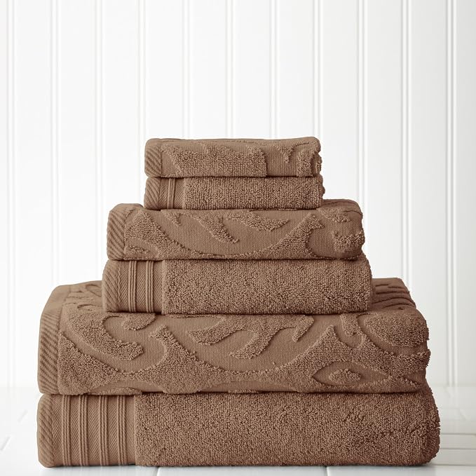 Modern Threads 6 Piece Jacquard/Solid Towel Set-Medallion Swirl Mocha by ModernThreads