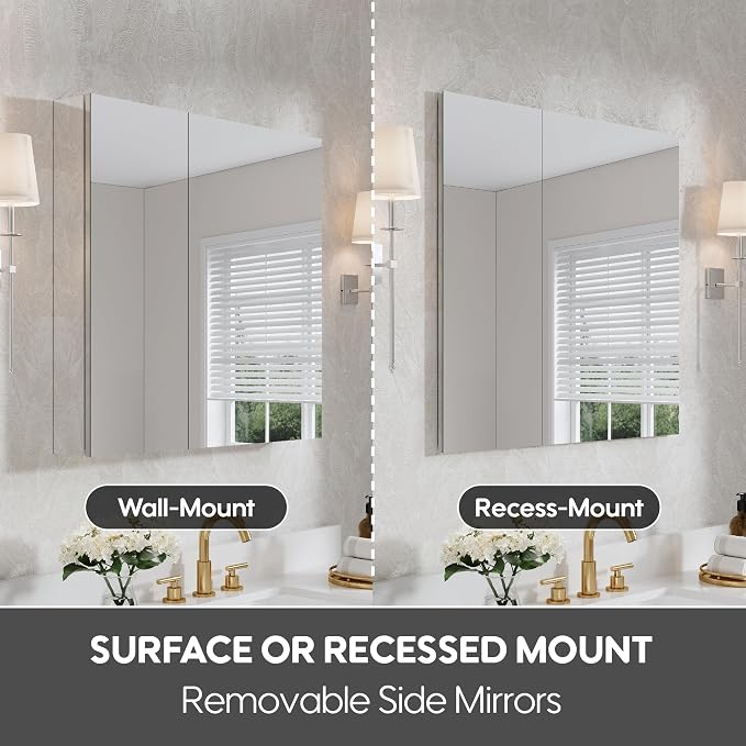 WELLFOR 32" x 30" Rectangle Medicine Cabinet Mirror, Surface Mount or Recessed - Image 4