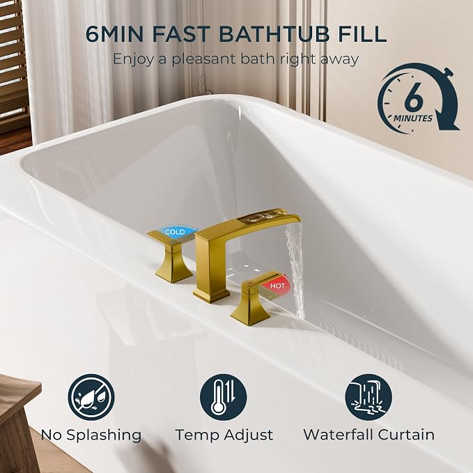FORIOUS Waterfall Bathtub Faucet Set 3 Hole Brushed Gold, 2 Handle Deck Mount - Image 5