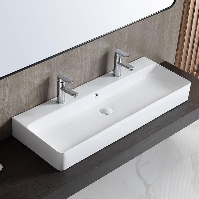 Eridanus Bathroom Sink Rectangle 43" x 16", Two Hole Vitreous Ceramic Vessel by ERIDANUS