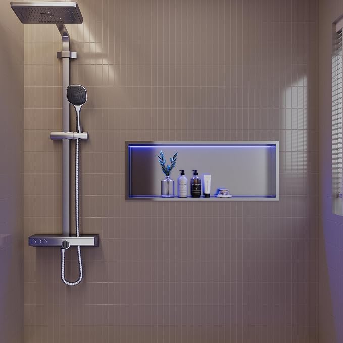 30X12 RGB Shower Niche, Brushed Nickel Stainless Steel LED Recessed Storage - Image 2