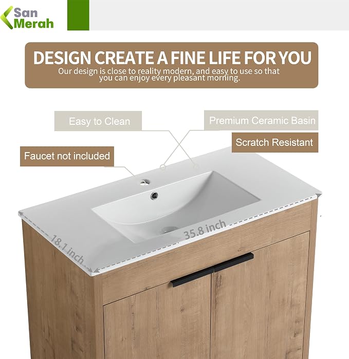 36 inch Bathroom Vanity with Sink, Bathroom Cabinet W/Single Ceramic Sink - Image 5