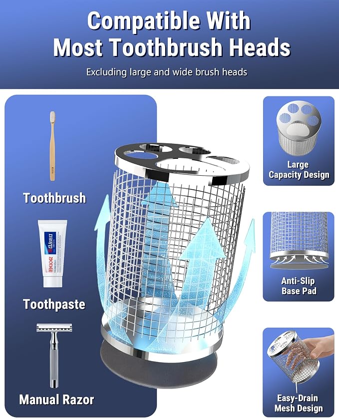 Toothbrush Holder Stand for Bathroom, 304 Stainless Steel Ventilated Organizer - Image 3