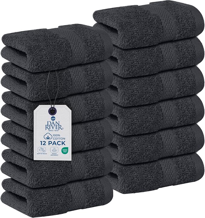 DAN RIVER 12-Pack Premium 100% Cotton Dark Gray Face Towels – Reusable Face by DanRiver