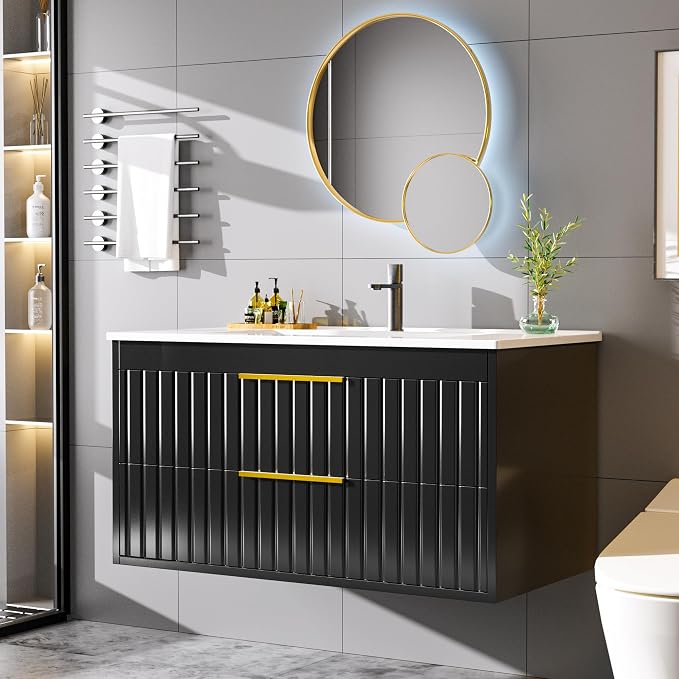 36" Bathroom Vanity with Sink, Floating Vanity Bathroom Sink Cabinet Wall Mount - Image 3
