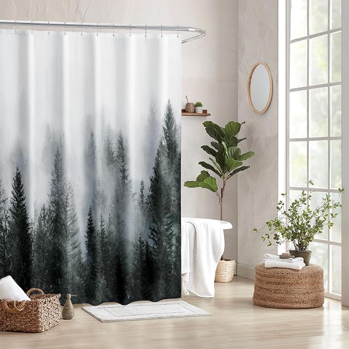 ORTIGIA Dark Green Misty Forest Shower Curtain - Image 8