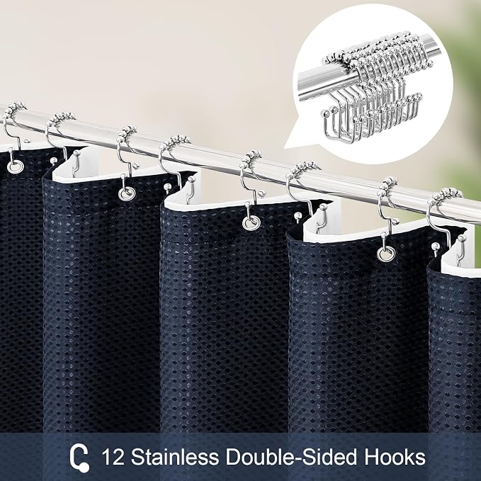 3 in 1 Long Navy Blue Shower Curtain Set-72 W x 78 H, Modern Waffle and PEVA - Image 3