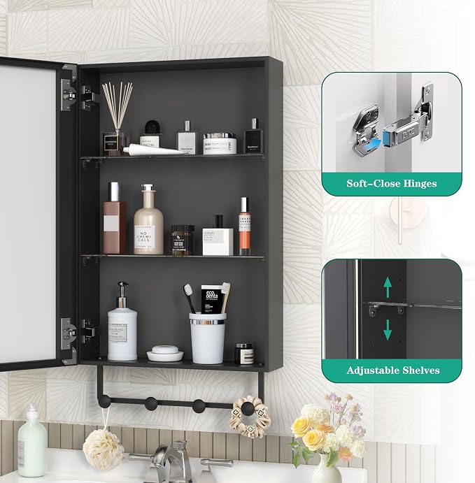 ANYHI 24"x16" Black Bathroom Mirror Medicine Cabinet, Single Door Bathroom Wall - Image 3