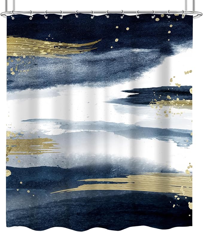 Cinbloo Navy Blue Marble Shower Curtain 60Wx72H Abstract Modern Ombre Gold - Image 5