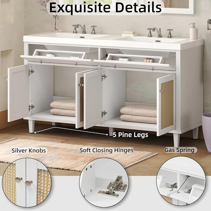 60" Bathroom Vanity with SMC Double Sink, Modern Large Storage Space with 2 - Image 4