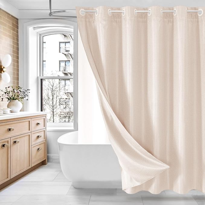 MitoVilla No Hooks Needed Pink Waffle Shower Curtain Liner Set, Modern Waffle by MitoVilla