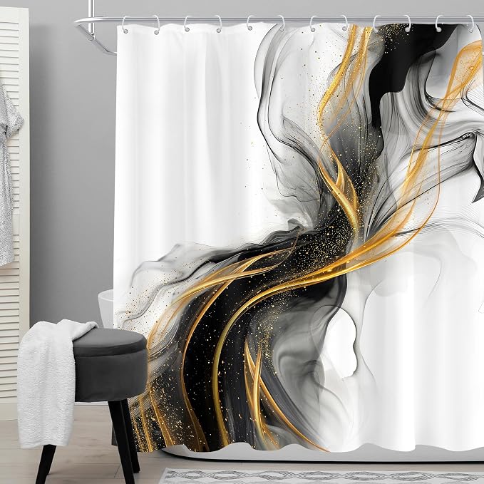 Cinbloo Black and Gold Marble 72Wx72H Shower Curtain Abstract Ink Texture - Image 2