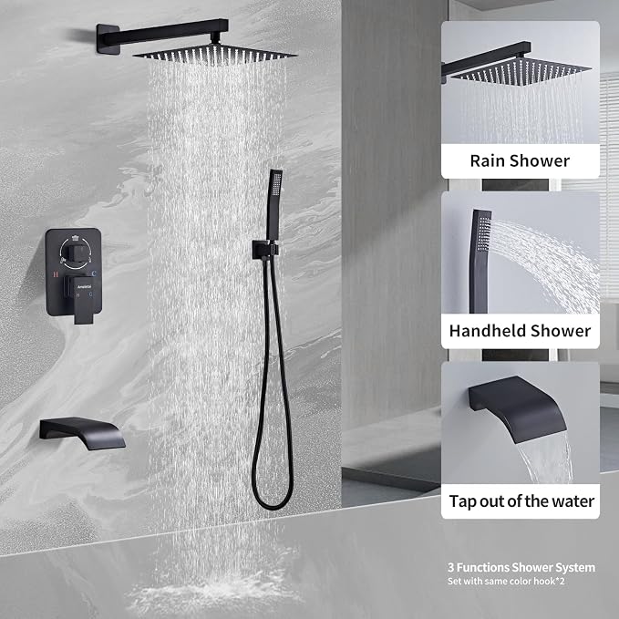 Shower Faucet Set, Handheld Wall Mounted Showerhead and Waterfall Tub Spout - Image 3