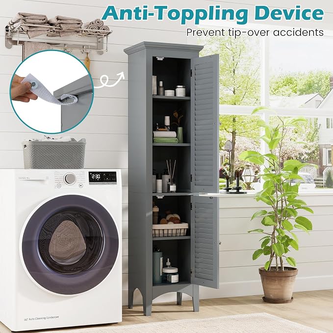 Tangkula 63" Tall Bathroom Storage Cabinet, Freestanding Narrow Linen Tower - Image 7