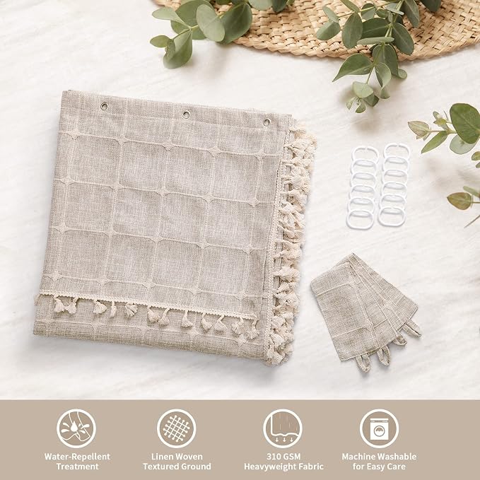 MitoVilla Tan Boho Double Swag Shower Curtain, Polyester Linen Fabric Shower - Image 6