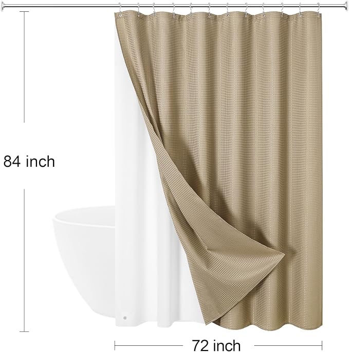 3 in 1 Extra Long Beige Shower Curtain Set-72 W x 84 H, Tan Waffle and PEVA - Image 8