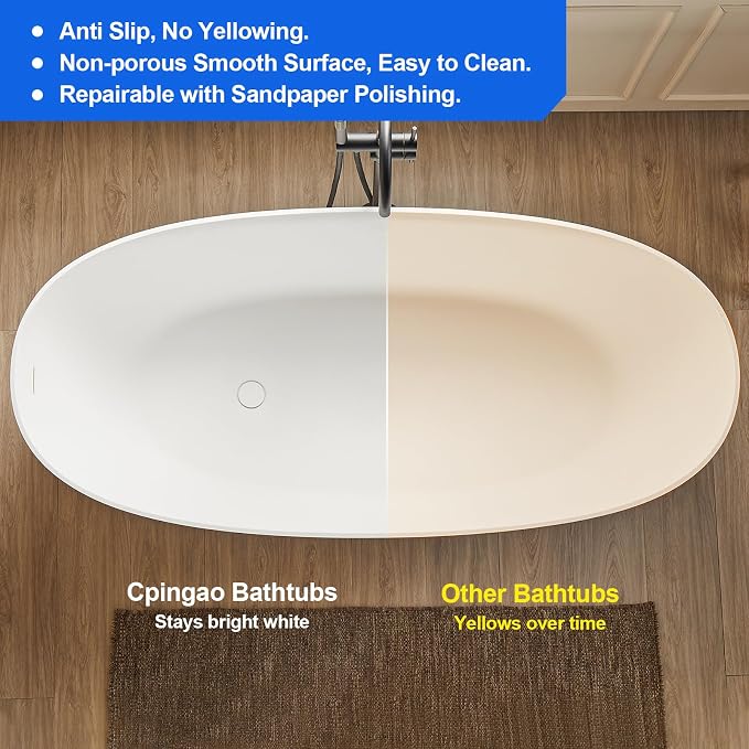 Cpingao 55" Stone Resin Freestanding Bathtub, Oval Contemporary Soaking Tubs - Image 3